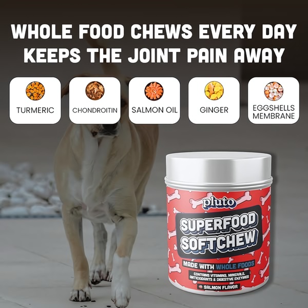 A square-format static ad highlighting the five key natural ingredients in a pet softchew supplement with a clear value-proposition headline.